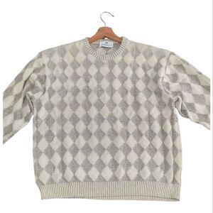 Ferramt Italy Classic Diamond Pattern Crewneck Sweater in Cream and Gray Size L